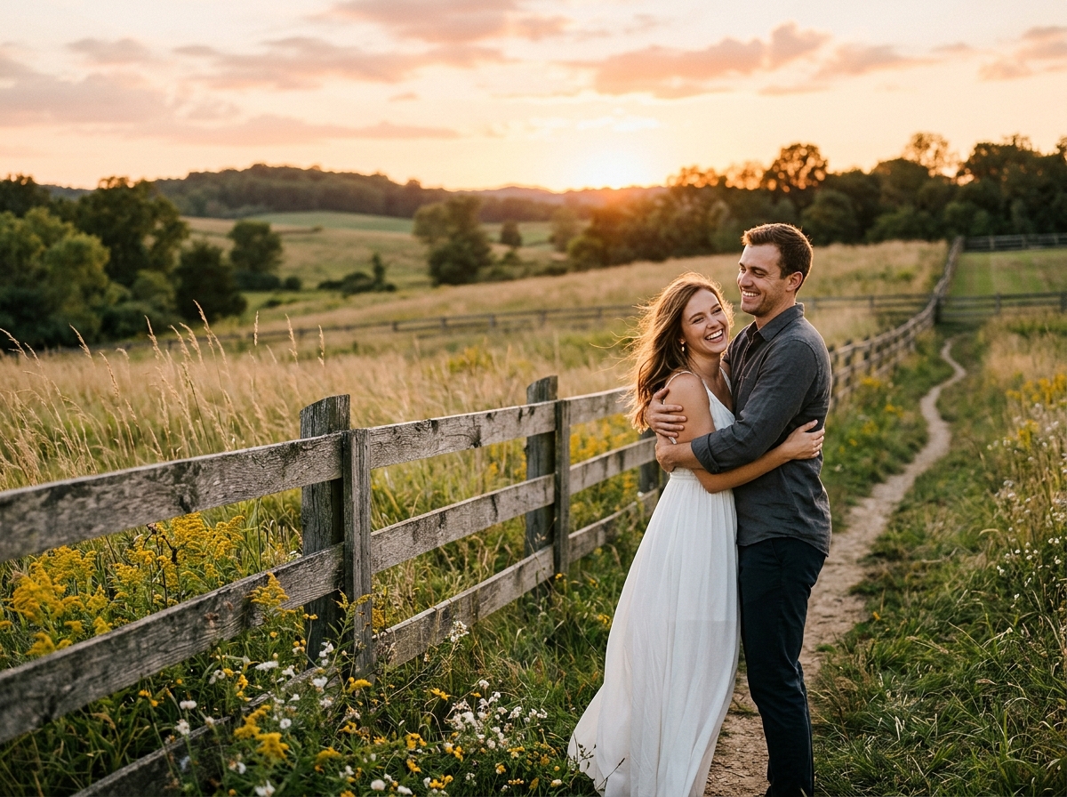 Romantic Couple Laughing at Country Meadow Sunset