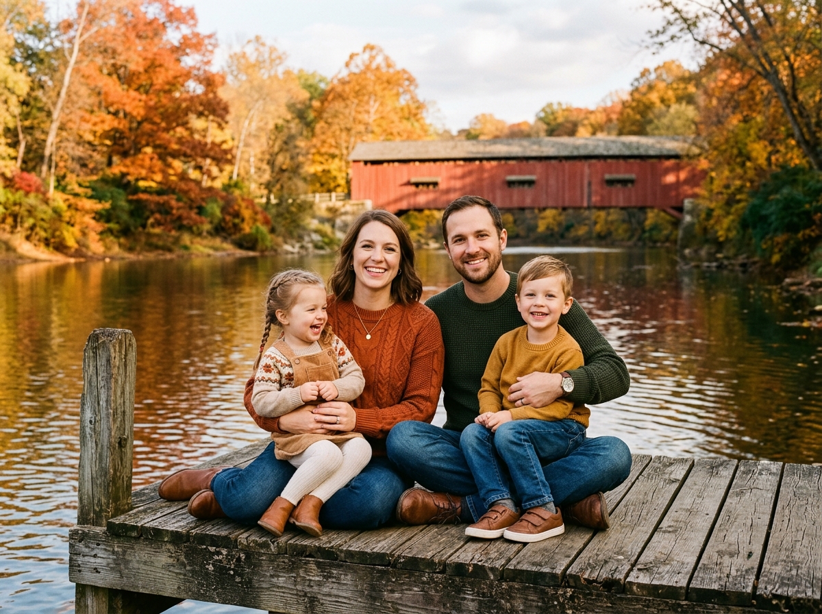 Family with Young Children on Wooden Pier near Covered Bridge