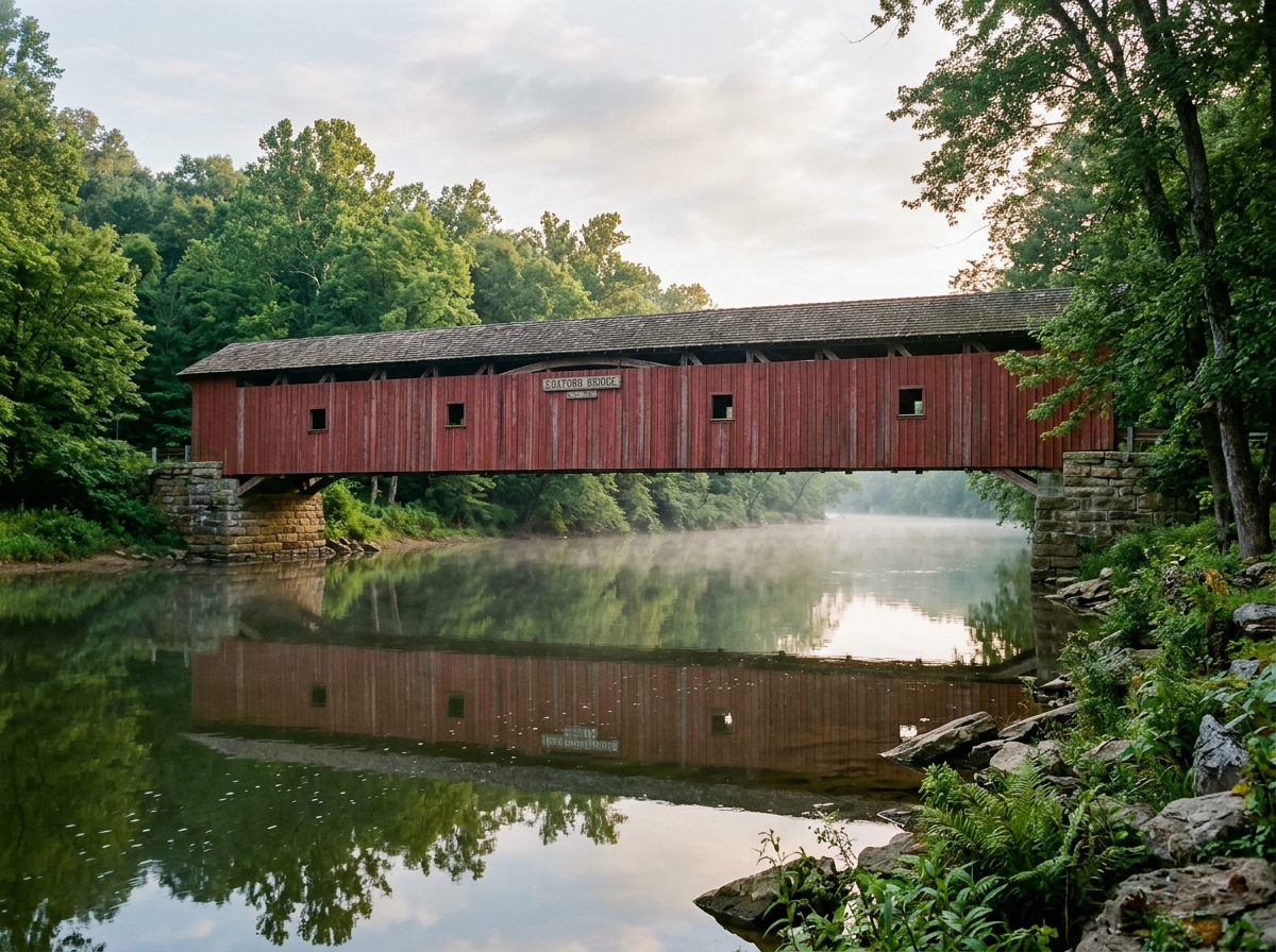 Misty Morning Covered Bridge Over River