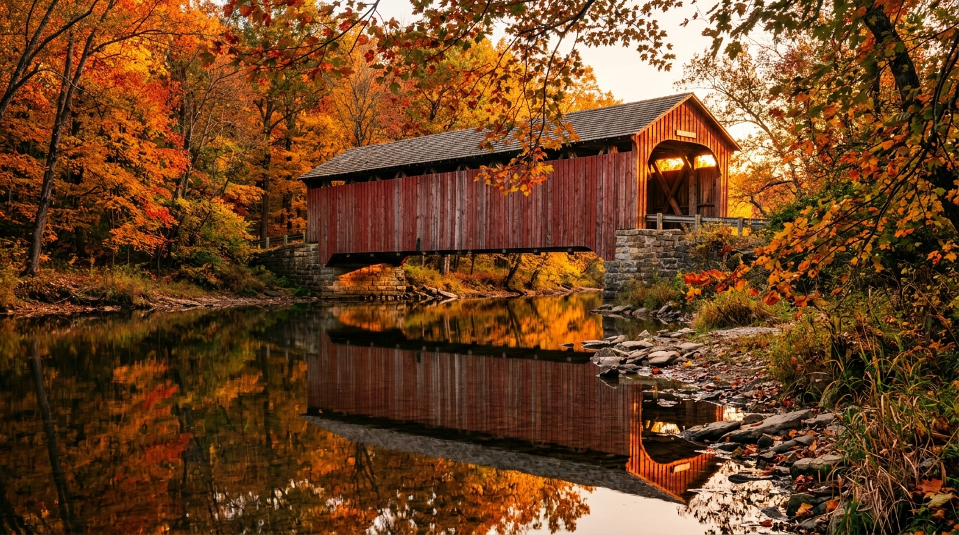 Historic Covered Bridge in Parke County at Sunset